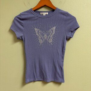 VTG Orange Kiss Womens Y2K Ribbed Shirt Size M Butterfly Rhinestones Bling